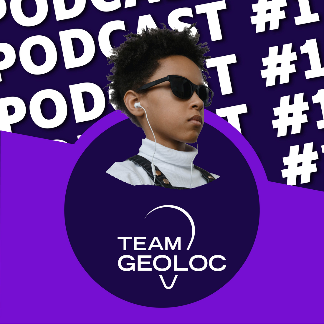 Icône podcast Geoloc avec une personne portant des lunettes noires et des écouteurs